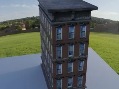 Building brick in middle of grassy field Low-poly 3D model