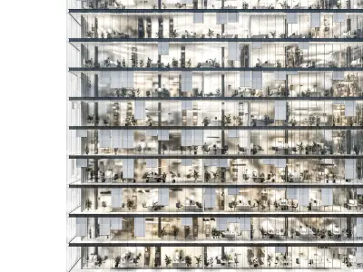 Modern office building 04 at night with simple interiors 3D model