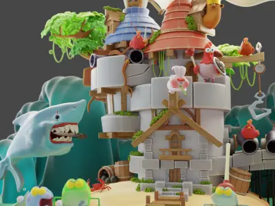 Frogs vs Chickens  Low-poly 3D model