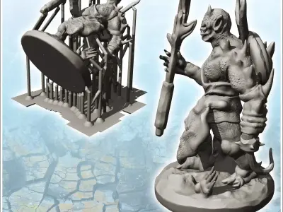 Dark creature with big stick and back shield 9 - Medieval Fantas 3D print model