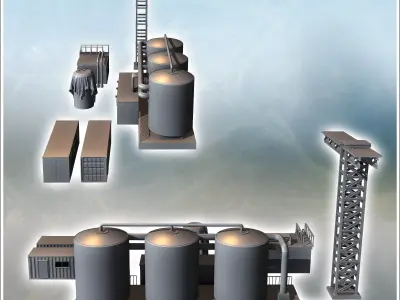 Set of industrial buildings with a crane tank triple tanks and c 3D print model