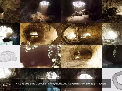 7 Cave Systems Collection - Fully-Equipped Cavern Environments 3D Model Pack