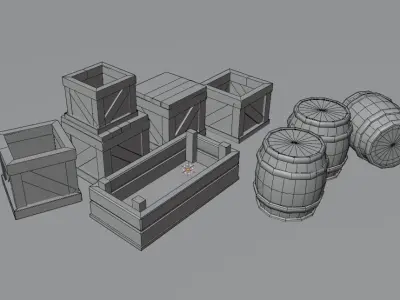  stylized  box and an oak barrel Low-poly 3D model
