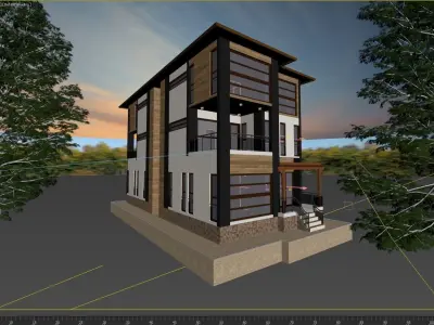 Realistic House two story in middle of grassy field 3D model