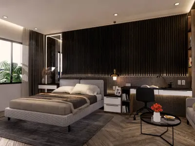 bedroom modern with walls and wooden floors 3D model get