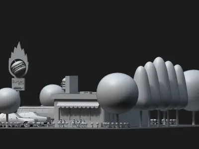 LowPoly Scene Cafe Restaurant Station Low-poly 3D model