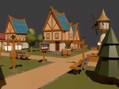 Building and Decor Set Medieval German Town Low-poly 3D model