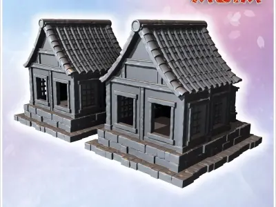 Twin traditional Japanese buildings with stone steps wooden pill 3D print model