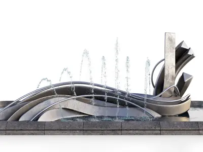 Pond with Metallic Sculpture and Fountains 3D model