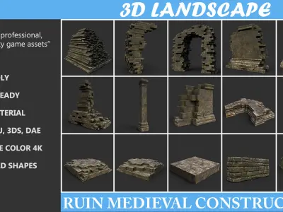 Low poly Dry Mossy Ruin Construction Pack 200210 Low-poly 3D model