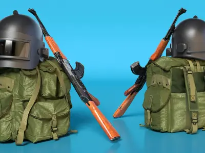 Armor Helmet with Ak-47 Rifle and Tactical Backpack 