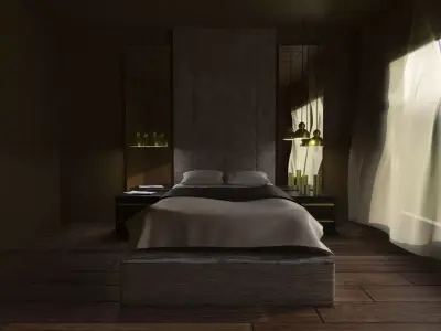 Bedroom with wooden floor and bed 3D model