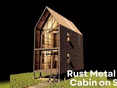 Rust Metal Loft Cabin on Stilts - Tropical House Low-poly 3D model