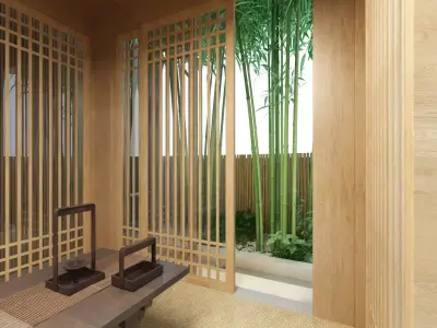 Wooden Gazebo with Tea Set with Greenery 3D model