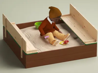  Black Skinned Toddler Boy in Sandpit Rigged 