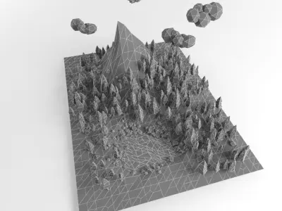 Low poly lanscape mountain hill tree lake rock 3D low poly model Low-poly 3D model