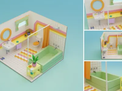 Low Poly Retro Vintage Rooms Interiors 2 Low-poly 3D model