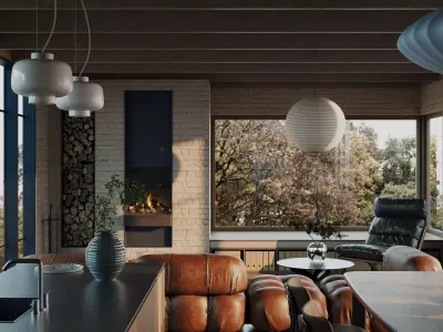 Villa living room and kitchen Low-poly 3D model