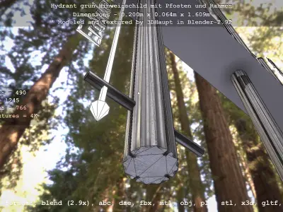 Hinweisschild Hydrant Gruen mit Pfosten und Rahmen Low-poly 3D model