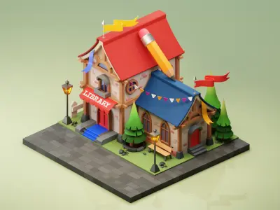Library - Cartoon  Game Isometric Low-poly 3D model