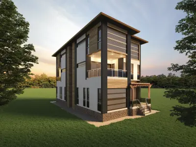 Realistic House two story in middle of grassy field 3D model