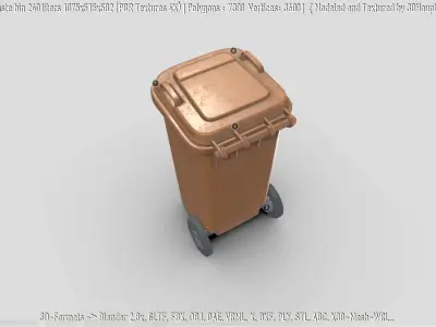 Brown plastic waste bin 240 liters 1075x515x582 Low-poly 3D model