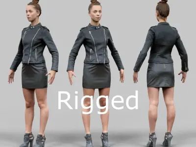 A-Pose girl in leather Rigged Low-poly 3D model