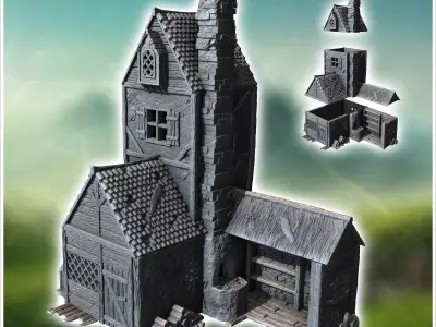 Large medieval building with canopied outdoor fireplace high ori 3D print model