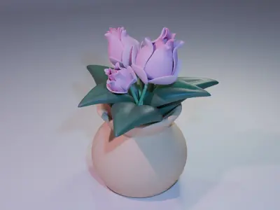 Flowers and leaves with a clay pot with three points lighting Low-poly 3D model