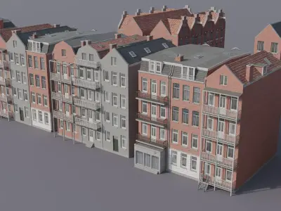 Netherlands Dutch Style Traditional Brick Row Houses Set Low-poly 3D model