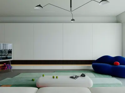 Modern Minimalist Living Room with Bold Blue Lips Sofa 008 3D model