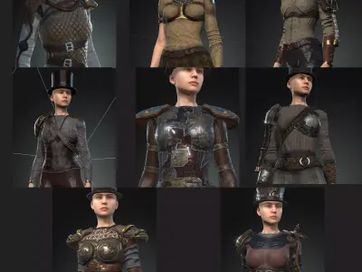 Pack 14 Steampunk rigged character woman Low-poly 3D model