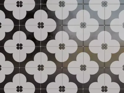 Modern Retro Black and White Floral Graphic Tiles PBR Seamless Texture