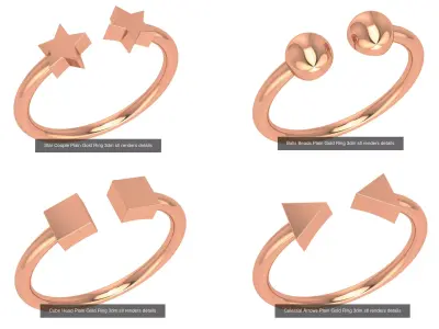 4 Dual End Light Wieght Minimilist Plain Gold Ring 3dm stl 3D Model Pack