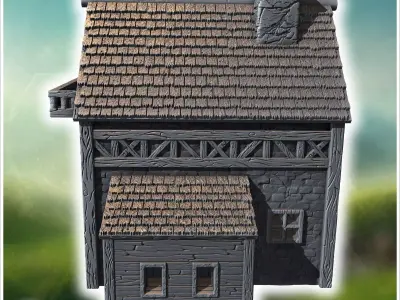 Half-timbered medieval house with a large balcony stone foundati 3D print model