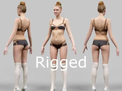 Girl in Brown Beige Bikini and Fluffy Boots Rigged Low-poly 3D model