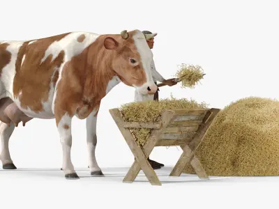  Medieval Peasant Tending to Cow 