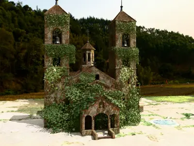 Old Church and 2 Houses And Ivy Houses With Leaf Ground 3D model