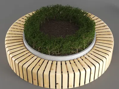 bench807 circular wooden bench with plant in middle 3D model