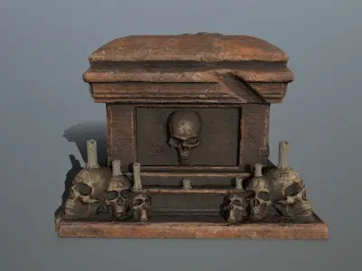 tomb 1 wooden casket with skulls on top Low-poly 3D model