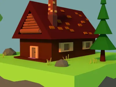 Low-poly House on island with trees Low-poly 3D model