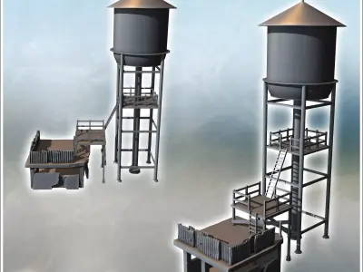 Tall water tower with adjacent platforms and access ladders surr 3D print model