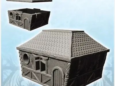Rectangular medieval house with tiled roof and round window 21 - 3D print model