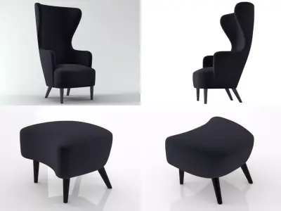Wingback three chairs and footstool 3D model