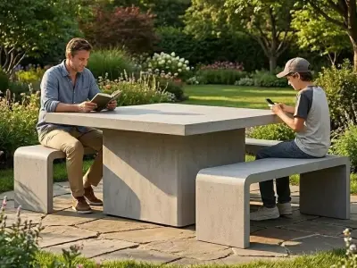 Modern Concrete Outdoor Dining Set Table  Bench Low-poly 3D model