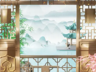 Chinese architectural scene in spring 3D model