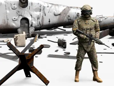  War Zone with Helicopter Wreckage and Soldier 