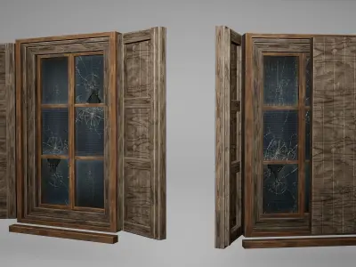 Window Set Low Poly Game Ready wooden door Low-poly 3D model