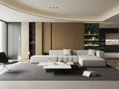 Modern Minimalist Living Area With Open Kitchen 3D model