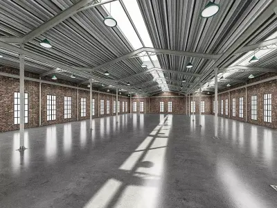 3D low poly factory empty warehouse with windows Low-poly 3D model
